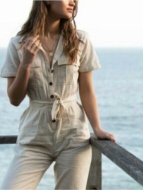 Roxy Beach Wonderland Tapioca Short-Sleeve Jumpsuit with Tie Waist